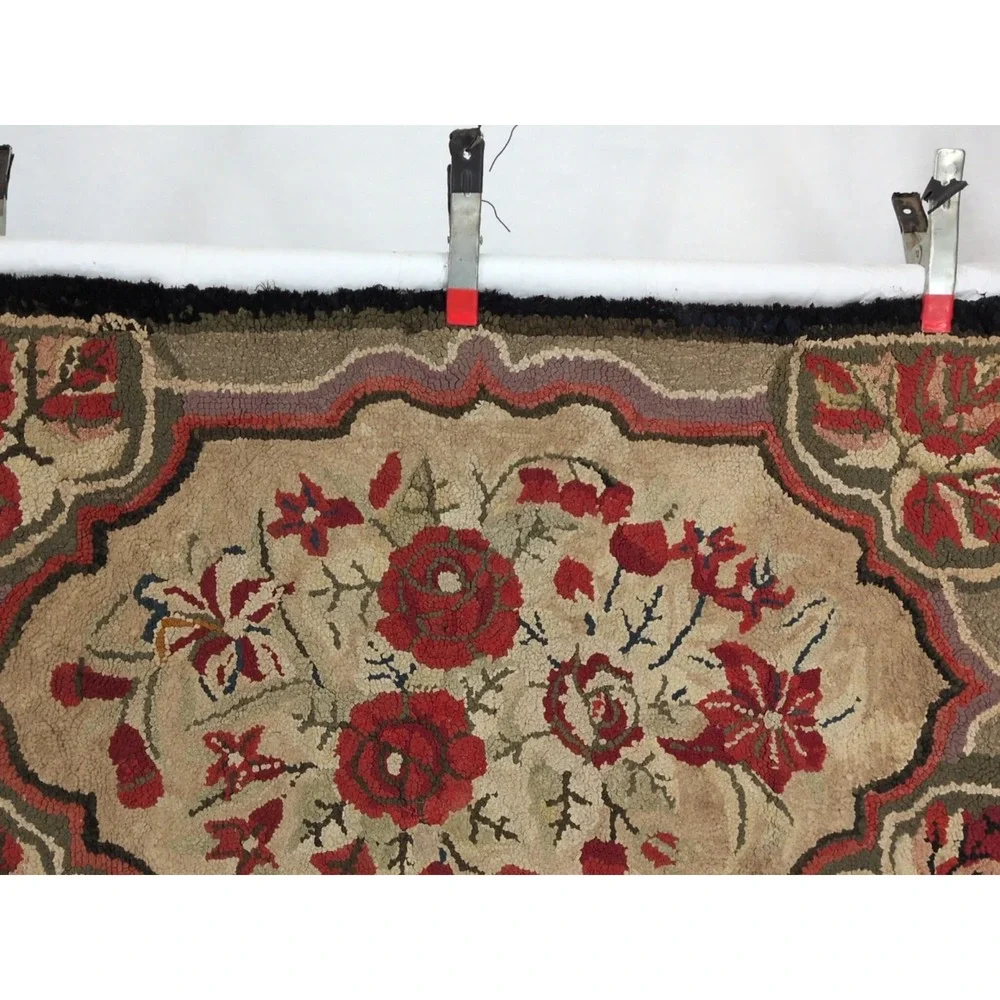 Vintage Hand Hooked Rug 24x37 Primitive Red Gold Floral Pattern Cottagecore